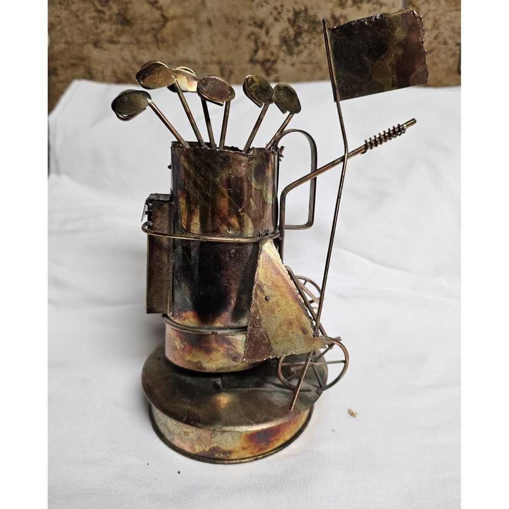 Vintage Metal Golf Bag Wind-Up Folk Art Music Box Sculpture 1970s